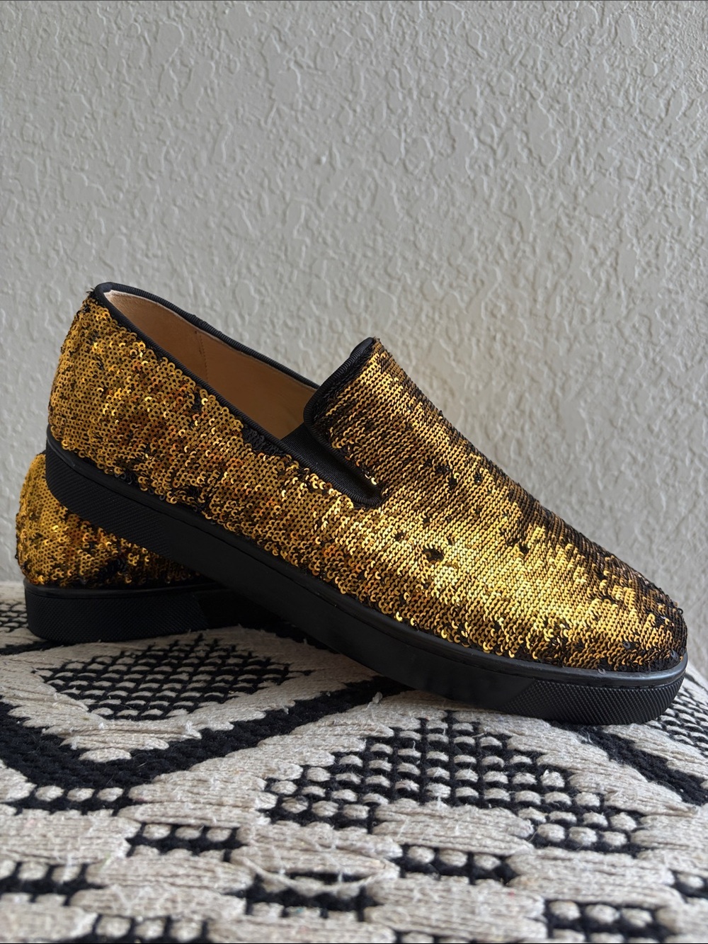 Christian Louboutin Black and Gold Sequin Slip-On Shoes - Picture 6 of 9